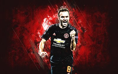 Juan Mata, Manchester United FC, İspanyol futbolcu, h&#252;cum oyuncusu MU, portre, kırmızı taş, arka plan, Premier Lig, İngiltere, futbol