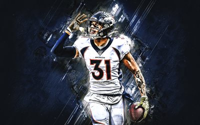 Justin Simmons, Denver Broncos, NFL, American football, portrait, blue stone background, USA, National Football League