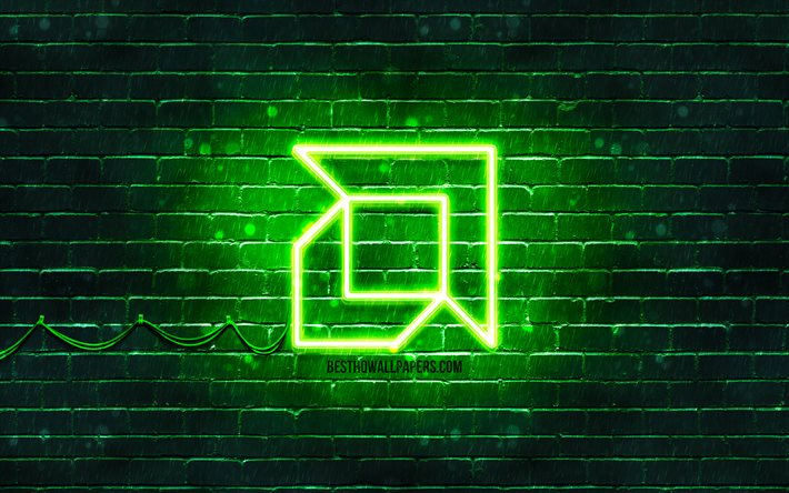 AMDグリーン-シンボルマーク, 4k, 緑brickwall, AMDのロゴ, ブランド, AMDネオンのロゴ, AMD