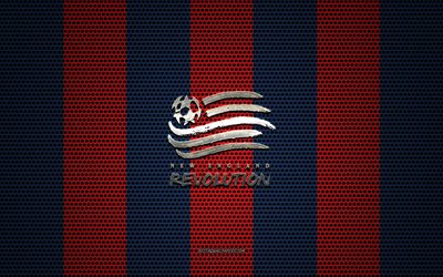 New England Revolution logo, American soccer club, metal emblem, blue-red metal mesh background, New England Revolution, NHL, Boston, Massachusetts, Florida, USA, soccer