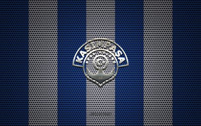 Kasimpasa SK logo, Turkish football club, metal emblem, blue and white metal mesh background, Super Lig, Kasimpasa, Turkish Super League, Istanbul, Turkey, football