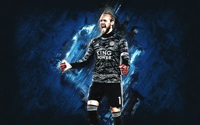 Kasper Schmeichel, Leicester City FC, Danish soccer player, goalkeeper, blue stone background, football, Premier League, England