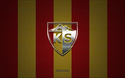 Kayserispor logo, Turkish football club, metal emblem, red-yellow metal mesh background, Super Lig, Kayserispor, Turkish Super League, Kayseri, Turkey, football