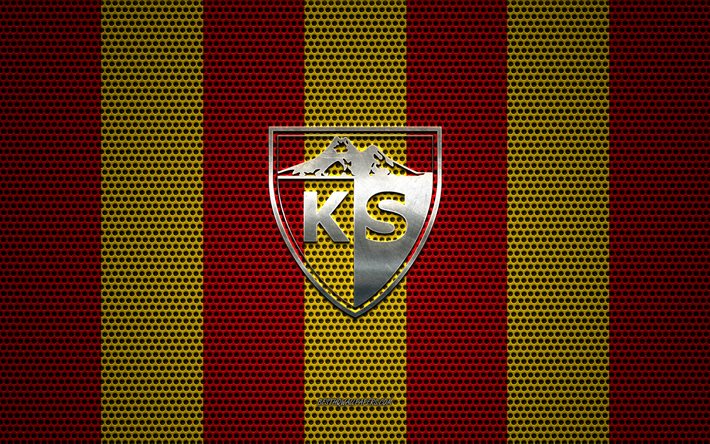 Kayserispor logotipo, Turco futebol clube, emblema de metal, vermelho-amarelo malha de metal de fundo, Super Liga, Kayserispor, Super League Turca, Kayseri, A turquia, futebol