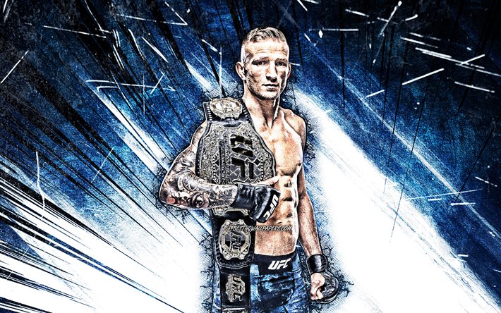 4k, TJ Dillashaw, grunge art, american fighters, MMA, UFC, blue abstract rays, TJ Dillashaw with belt, Mixed martial arts, TJ Dillashaw 4K, UFC fighters, MMA fighters, Tyler Jeffrey Dillashaw