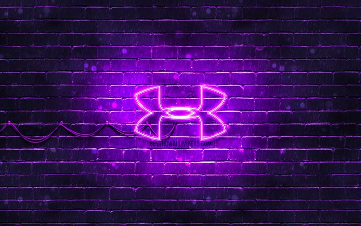 Under Armour violeta logotipo de 4k, violeta brickwall, logo de under Armour, marcas deportivas, under Armour ne&#243;n logo de under Armour