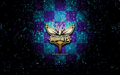 Charlotte Hornets, glitter logo, NBA, blue violet checkered background, USA, american basketball team, mosaic art, basketball, America