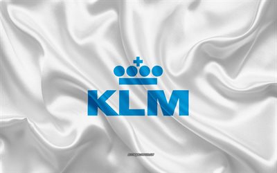 KLM logotipo de la aerol&#237;nea, el blanco de seda textura de las l&#237;neas a&#233;reas, logotipos, KLM emblema, de seda, de fondo, bandera de seda, KLM