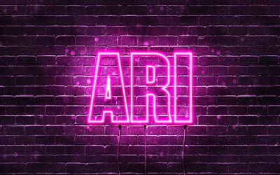 Ari, 4k, wallpapers with names, female names, Ari name, purple neon lights, horizontal text, picture with Ari name