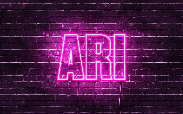 Ari, 4k, pap&#233;is de parede com os nomes de, nomes femininos, Ari nome, roxo luzes de neon, texto horizontal, imagem com Ari nome