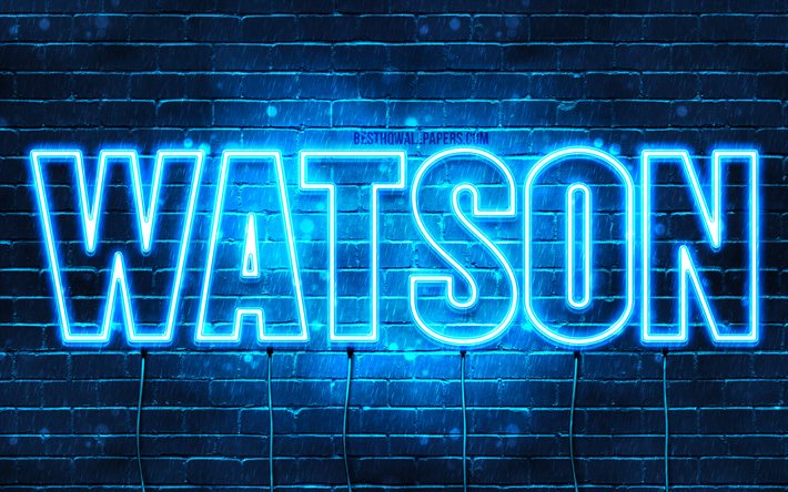 واتسون, 4k, خلفيات أسماء, نص أفقي, واتسون اسم, الأزرق أضواء النيون, صورة مع واتسون اسم