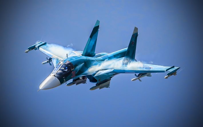 Flying Su-34, blue sky, fighter bomber, Fullback, Sukhoi Su-34, Russian Air Force, Su-34, Russian Army