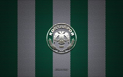 Konyaspor logo, Turkish football club, metal emblem, green and white metal mesh background, Super Lig, Konyaspor, Turkish Super League, Konya, Turkey, football