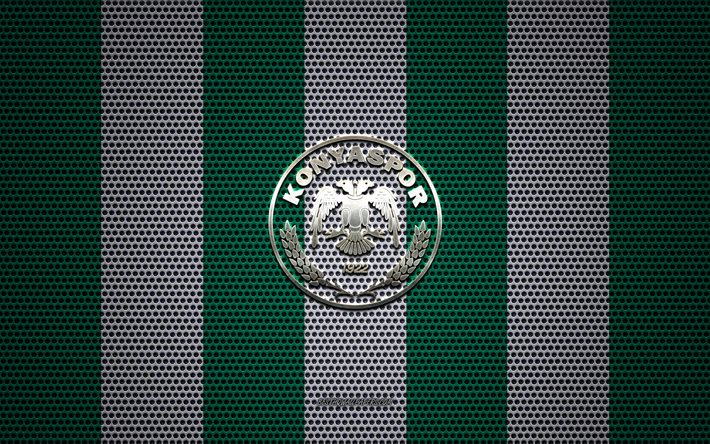 Konyaspor logo, squadra di calcio turco, metallo emblema, verde e bianco, di maglia di metallo sfondo, Super Lig, Konyaspor, Super League turca di Konya, in Turchia, calcio