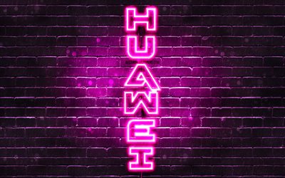 4k, huawei lila logo, vertikaler text, lila brickwall, huawei neon-logo, kreativ, huawei-logo, artwork, huawei