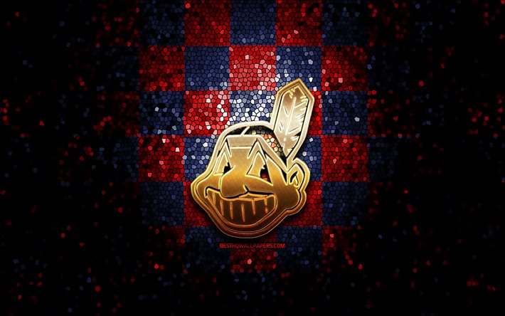 Cleveland Indians, glitter logotyp, MLB, r&#246;d bl&#229; rutig bakgrund, USA, amerikansk baseball team, Cleveland Indians logotyp, mosaik konst, baseball, Amerika