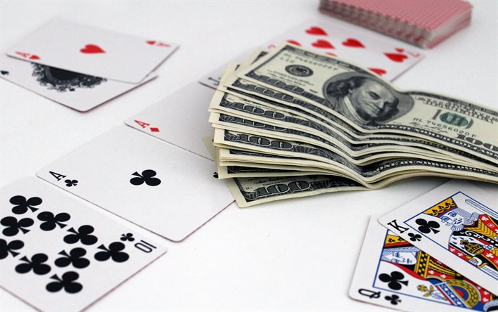 kart, para, Amerikan Doları ile poker, oyun kartları, arka plan, poker kartları