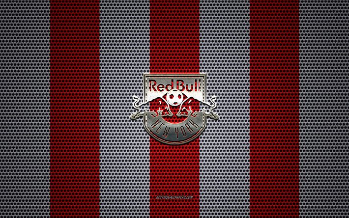 New York Red Bulls logo, American soccer club, metal emblem, red-white metal mesh background, New York Red Bulls, NHL, New Jersey, New York, Florida, USA, soccer