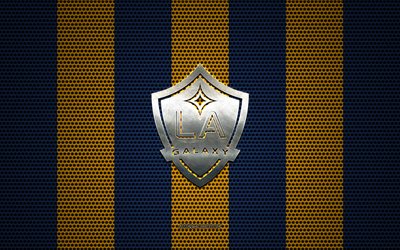 Los Angeles Galaxy logo, American soccer club, metal emblem, blue and yellow metal mesh background, Los Angeles Galaxy, NHL, Los Angeles, California, USA, soccer