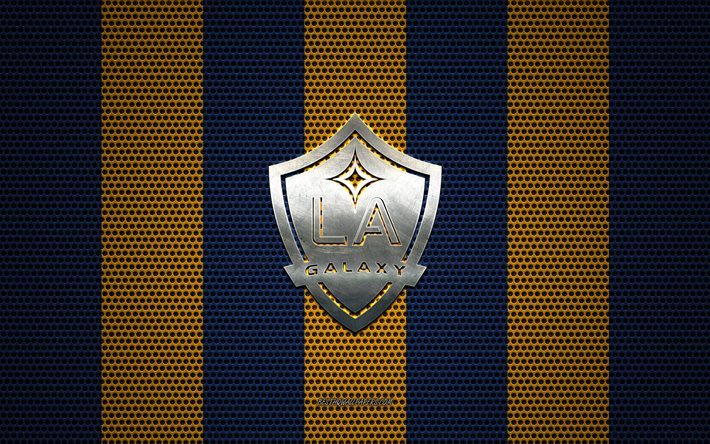 Los Angeles Galaxy logotipo, Americano futebol clube, emblema de metal, azul e amarela met&#225;lica de malha de fundo, Los Angeles Galaxy, NHL, Los Angeles, Calif&#243;rnia, EUA, futebol