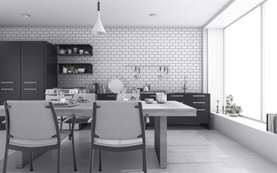 white and black kitchen, modern design, stylish modern kitchen design, white brick wall, gray wooden table