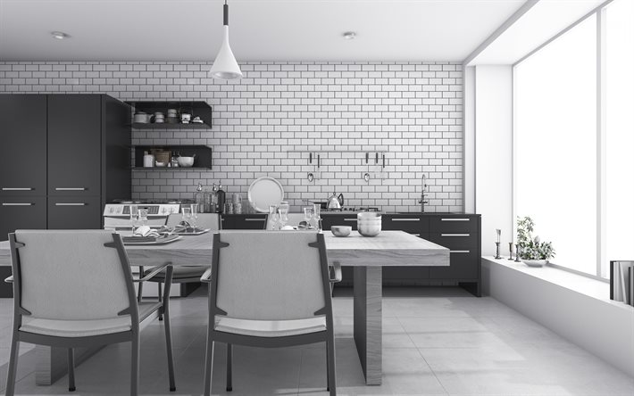 blanco y negro de la cocina, de dise&#241;o moderno, elegante y moderno dise&#241;o de la cocina, blanca pared de ladrillo, gris mesa de madera