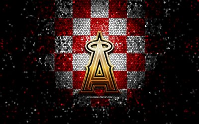 Los Angeles Angels, glitter logo, MLB, red white checkered background, USA, american baseball team, Los Angeles Angels logo, mosaic art, baseball, America