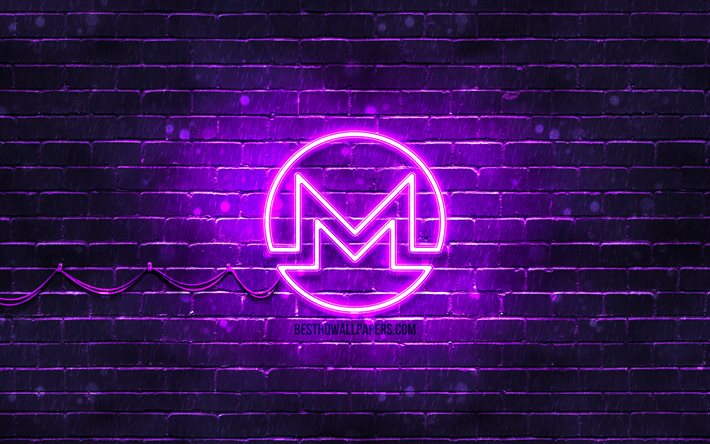 Monero violet logo, 4k, violet brickwall, Monero logo, cryptocurrency, Peercoin neon logo, cryptocurrency signs, Monero
