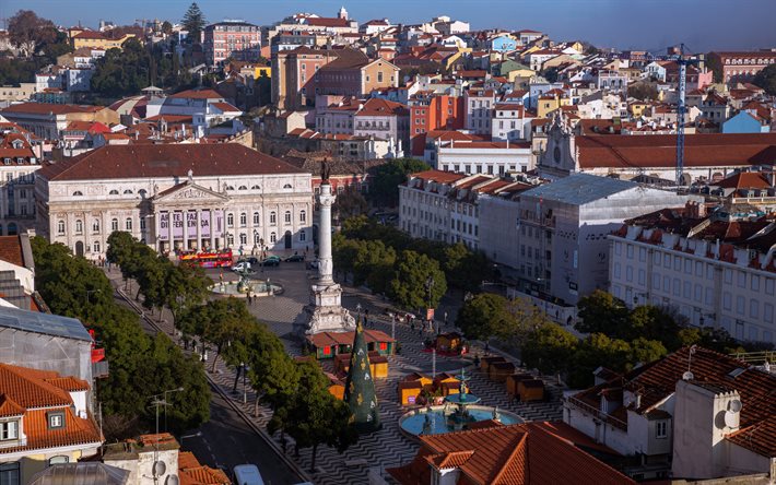 Lisboa, por la noche, monumento, paisaje, plaza, Portugal