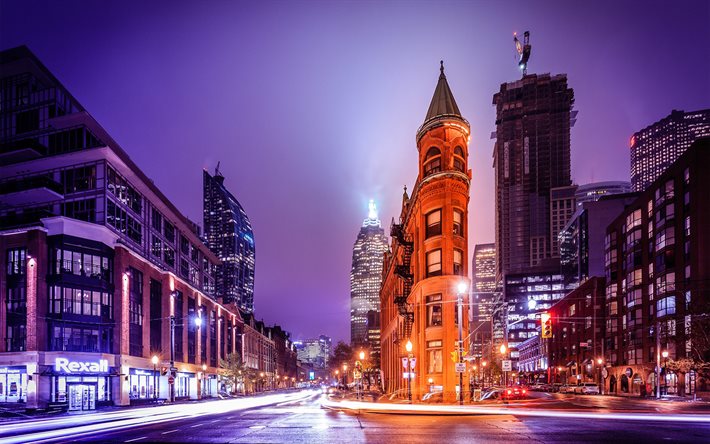 Gooderham Building, winter, Flatiron Building, streets, nightscapes, Toronto, Canada