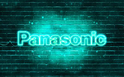 Logo turquoise Panasonic, 4k, mur de briques turquoise, logo Panasonic, marques, logo n&#233;on Panasonic, Panasonic