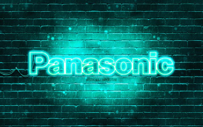 Logotipo turquesa da Panasonic, 4k, parede de tijolos turquesa, logotipo da Panasonic, marcas, logotipo de n&#233;on da Panasonic, Panasonic