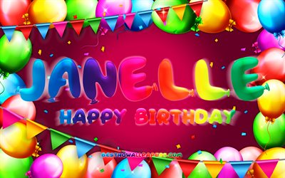 Buon compleanno Janelle, 4k, cornice palloncino colorato, nome Janelle, sfondo viola, buon compleanno Janelle, compleanno Janelle, nomi femminili americani popolari, concetto di compleanno, Janelle