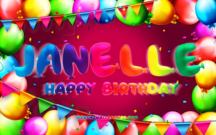 お誕生日おめでとうジャネル, 4k, カラフルなバルーンフレーム, ジャネルの名前, 紫の背景, ジャネルお誕生日おめでとう, ジャネルの誕生日, 人気のアメリカ人女性の名前, 誕生日のコンセプト, ジャネル