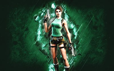 Fortnite Lara Croft 25th Anniversary Variant Skin, Fortnite, p&#228;&#228;henkil&#246;t, vihre&#228; kivitausta, Lara Croft 25th Anniversary Variant, Fortnite-nahat, Lara Croft Skin, Lara Croft Fortnite, Fortnite-hahmot