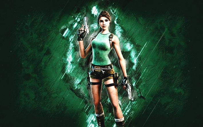 Fortnite Lara Croft 25th Anniversary Variant Skin, Fortnite, personnages principaux, fond de pierre verte, Lara Croft 25th Anniversary Variant, Peaux Fortnite, Lara Croft Skin, Lara Croft Fortnite, Personnages Fortnite