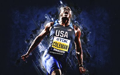 Christian Coleman, amerikkalainen pikajuoksija, sinikivitausta, amerikkalainen urheilija, Yhdysvaltain maajoukkue, USA