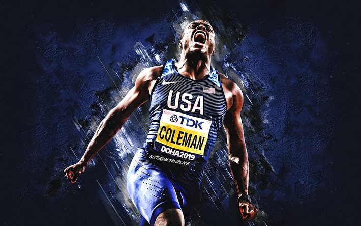 Christian Coleman, American Sprinter, Blue Stone Background, American Athlete, USA National Team, USA