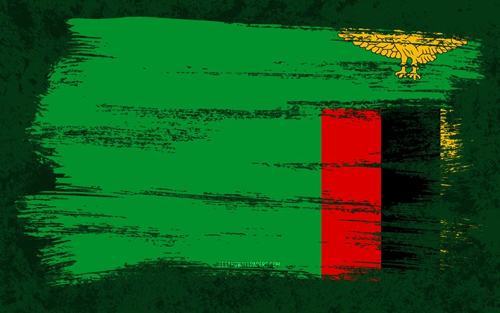 4k, Flag of Zambia, grunge flags, African countries, national symbols, brush stroke, Zambian flag, grunge art, Zambia flag, Africa, Zambia