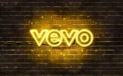 Vevo sarı logosu, 4k, sarı tuğla duvar, Vevo logosu, markalar, Vevo neon logosu, Vevo