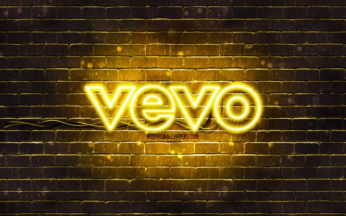 Logo jaune Vevo, 4k, brickwall jaune, logo Vevo, marques, logo Vevo n&#233;on, Vevo