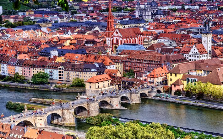 Wurzburg, 4k, skyline cityscapes, Old Main Bridge, summer, german cities, Europe, Germany, Cities of Germany, Wurzburg Germany, cityscapes