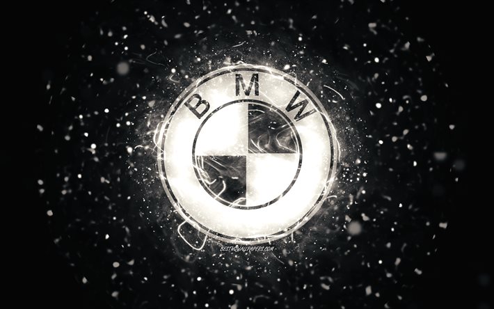 BMW white logo, 4k, white neon lights, creative, black abstract background, BMW logo, cars brands, BMW