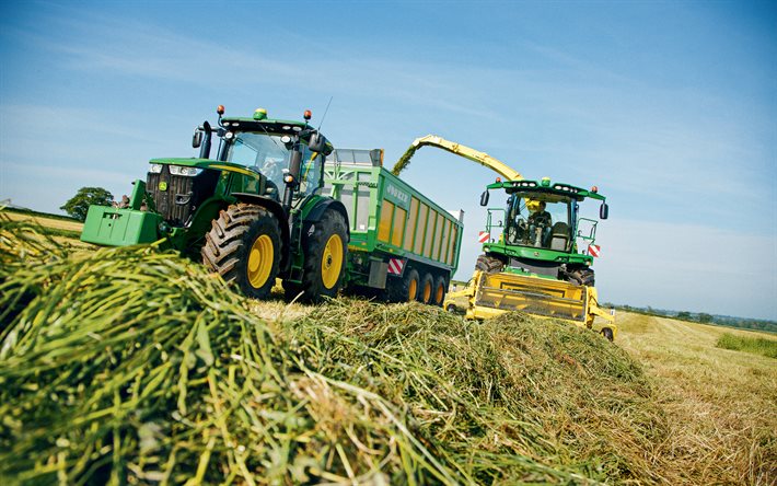 John Deere 7310R, John Deere 8600i, picking grass, 2021 tractors, HDR, agricultural machinery, harvest, green tractor, agriculture, John Deere
