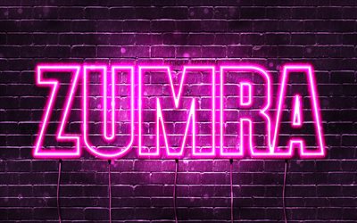 Zumra, 4k, pap&#233;is de parede com nomes, nomes femininos, nome Zumra, luzes de n&#233;on roxas, Feliz Anivers&#225;rio Zumra, nomes femininos turcos populares, imagem com o nome Zumra