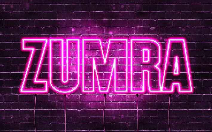 Zumra, 4k, bakgrundsbilder med namn, kvinnliga namn, Zumra namn, lila neonljus, Grattis p&#229; f&#246;delsedagen Zumra, popul&#228;ra turkiska kvinnliga namn, bild med Zumra namn