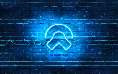 Logotipo azul NIO, 4k, parede de tijolos azul, logotipo NIO, marcas de carros, logotipo NIO neon, NIO