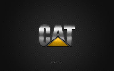 CAT logosu, g&#252;m&#252;ş logo, gri karbon fiber arka plan, Caterpillar logosu, CAT metal amblemi, CAT, araba markaları, Caterpillar, yaratıcı sanat, Caterpillar amblemi