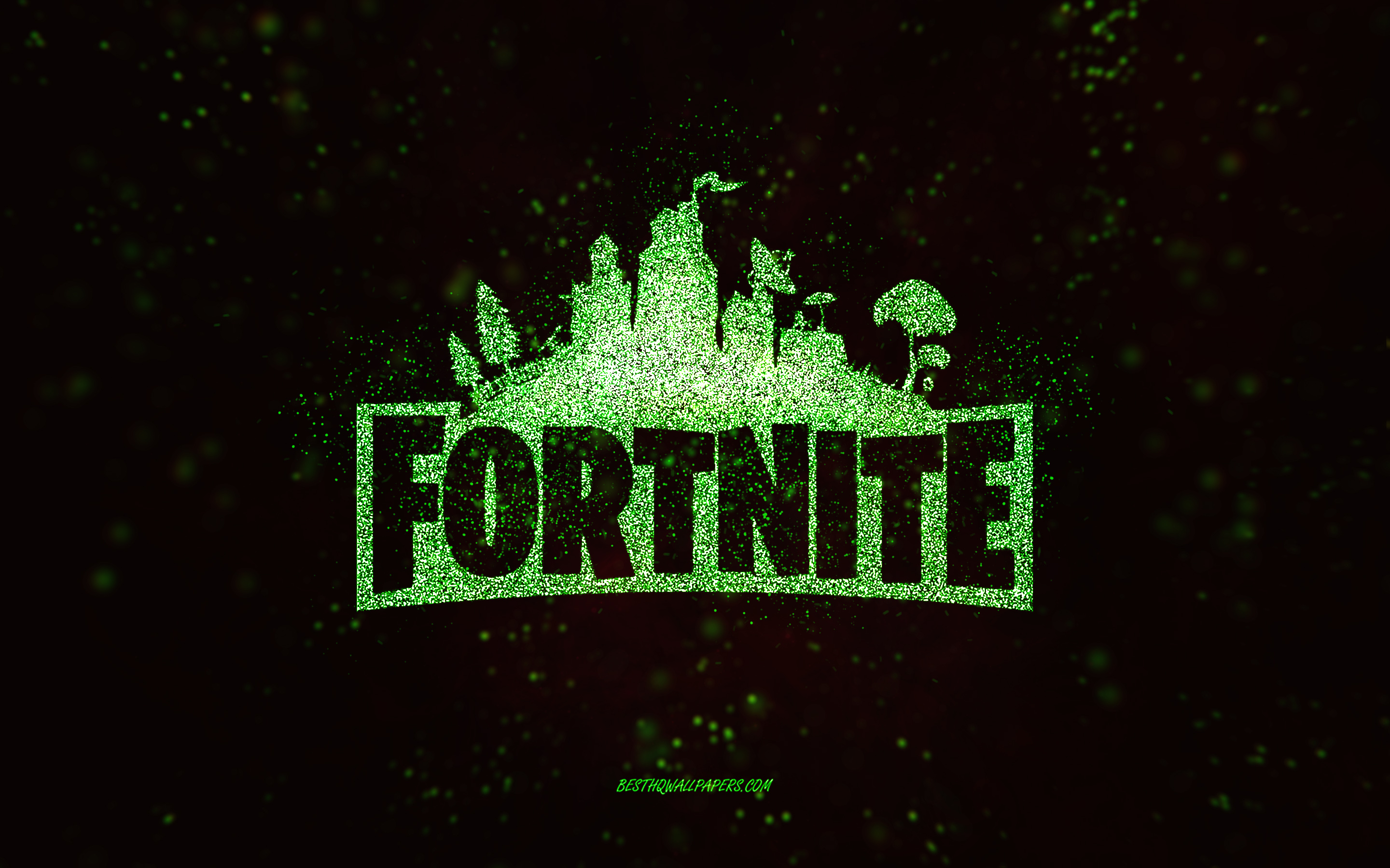 Fortnite glitter logo, black background, Fortnite logo, green glitter art, Fort...
