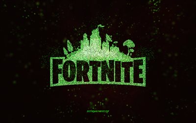 Fortnite parıltılı logo, siyah arka plan, Fortnite logosu, yeşil parıltı sanatı, Fortnite, yaratıcı sanat, Fortnite yeşil parıltı logosu